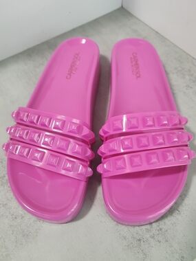 Carmen Sol Franco 3 Strap Slides Ultra Shiny In Fuchsia Women's Size 10